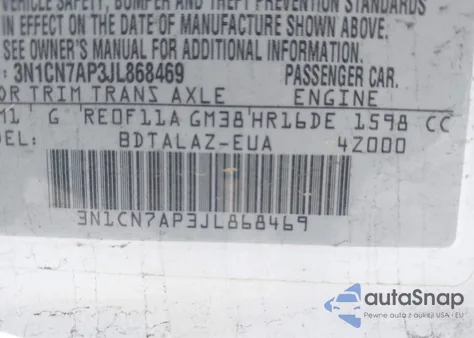 2018 Nissan Versa 1.6 S+ z USA, uszkodzony, nr VIN 3N1CN7AP3JL868469